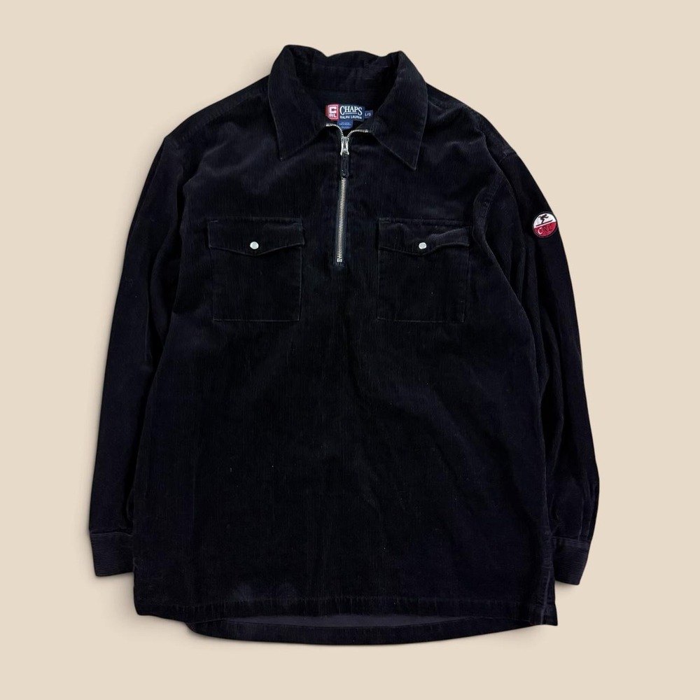 Vintage 90s Chaps Ralph Lauren Corduroy Pearl Snap Ski 1/4 Zip Pullover XL Black